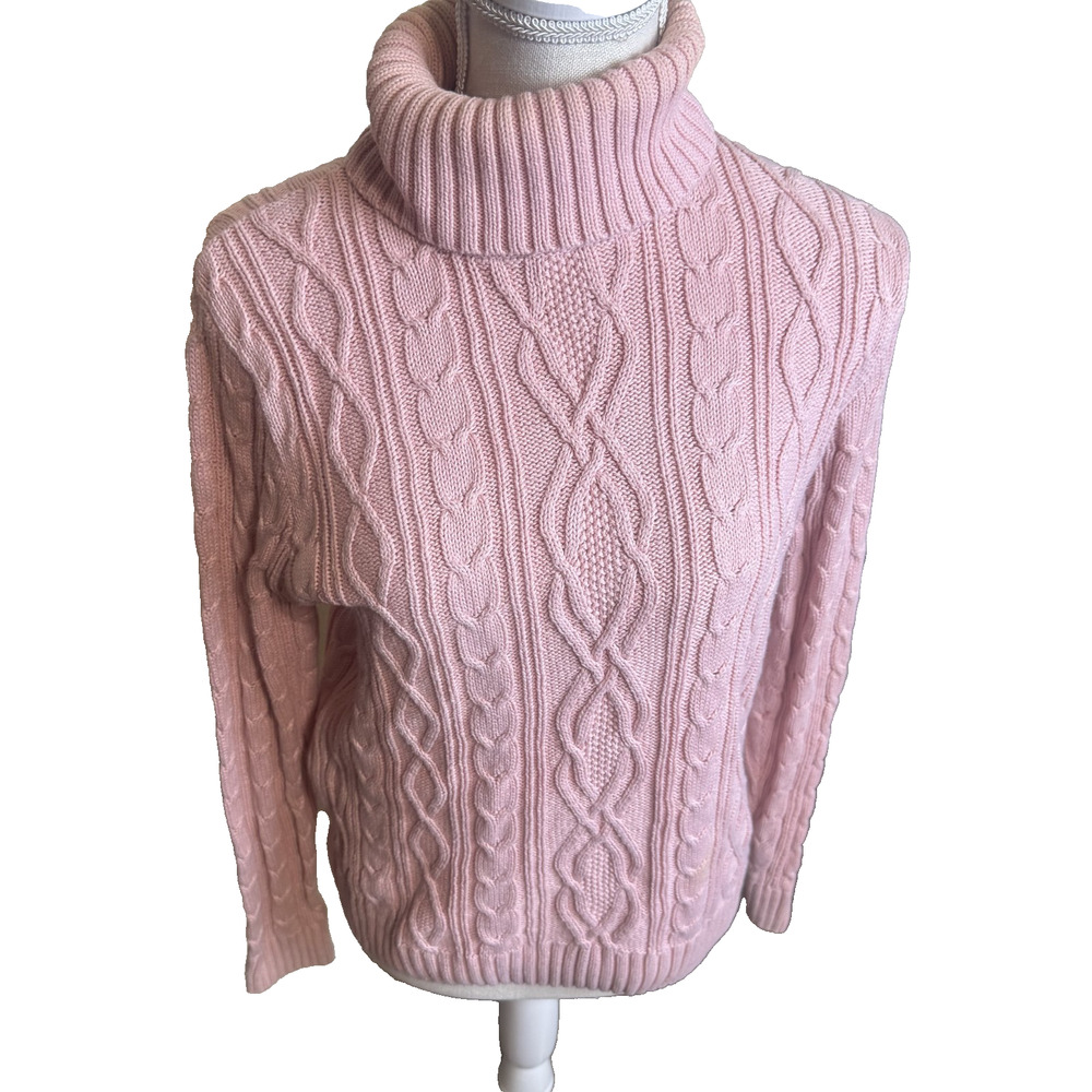 Jeanne Pierre Pink Turtleneck Sweater Cable Knit Pullover 100% Cotton sz L